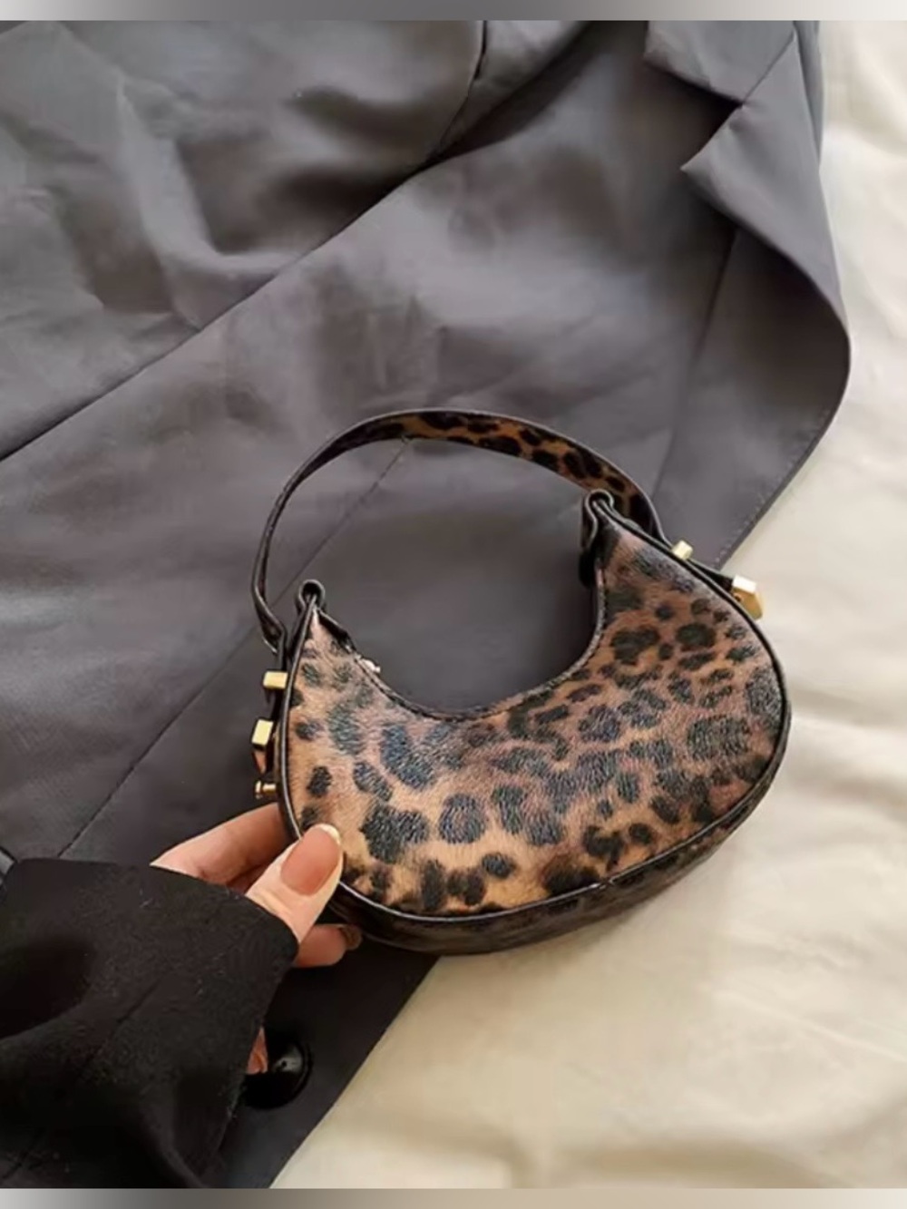 Leopard Print Half-Moon Mini Handbag - Brown